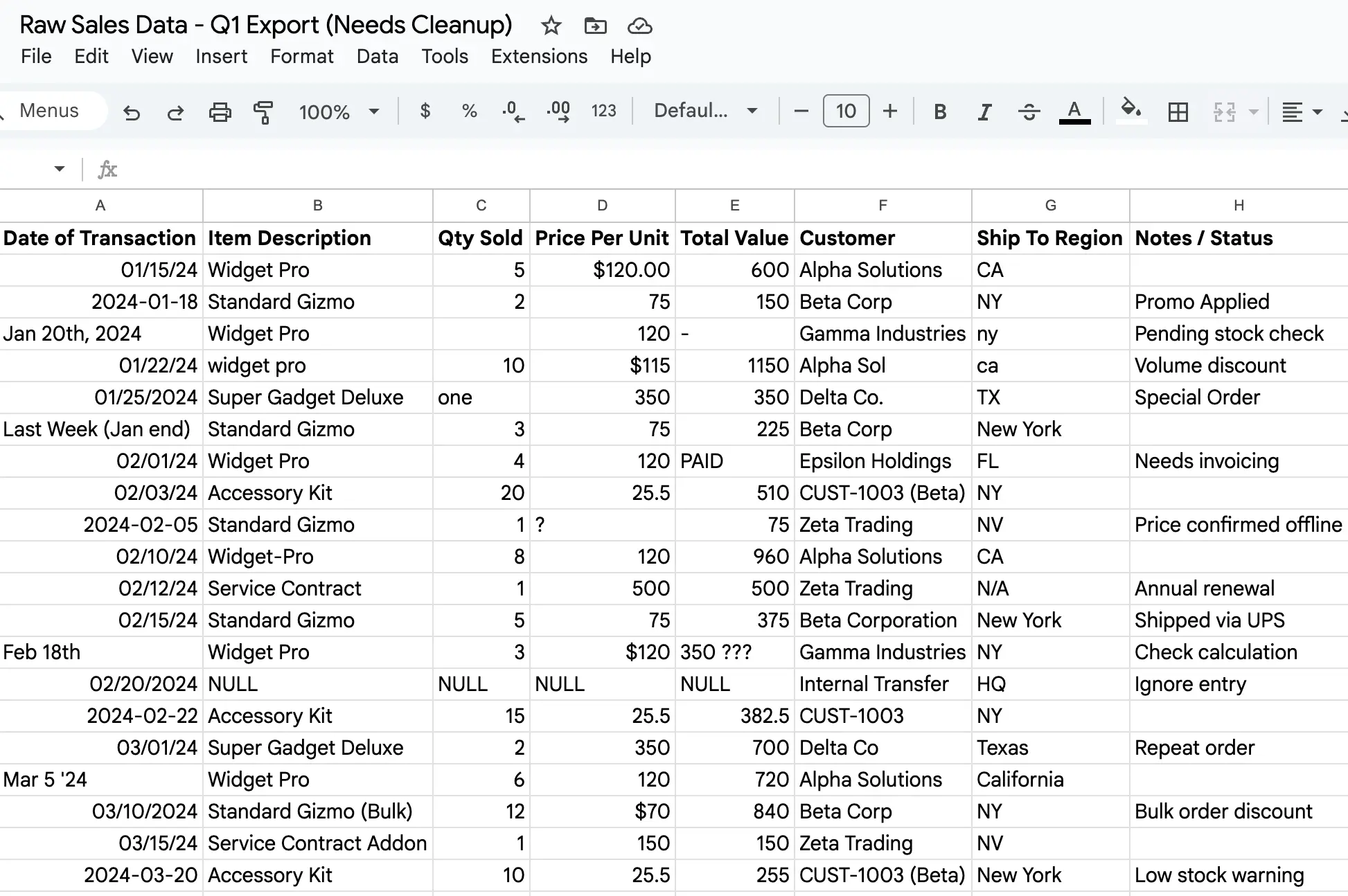 Unstructured spreadsheet table before using Fluent BI